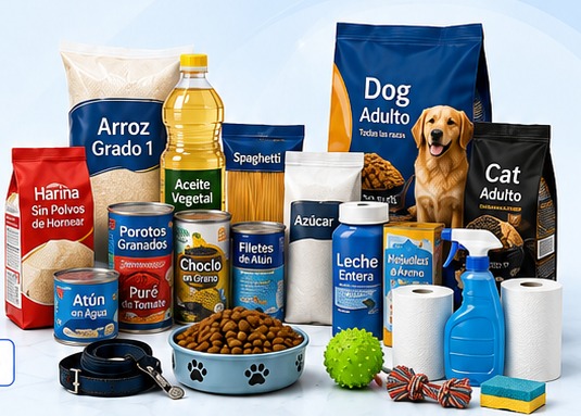 Abarrotes, alimentos para mascotas y productos de limpieza
